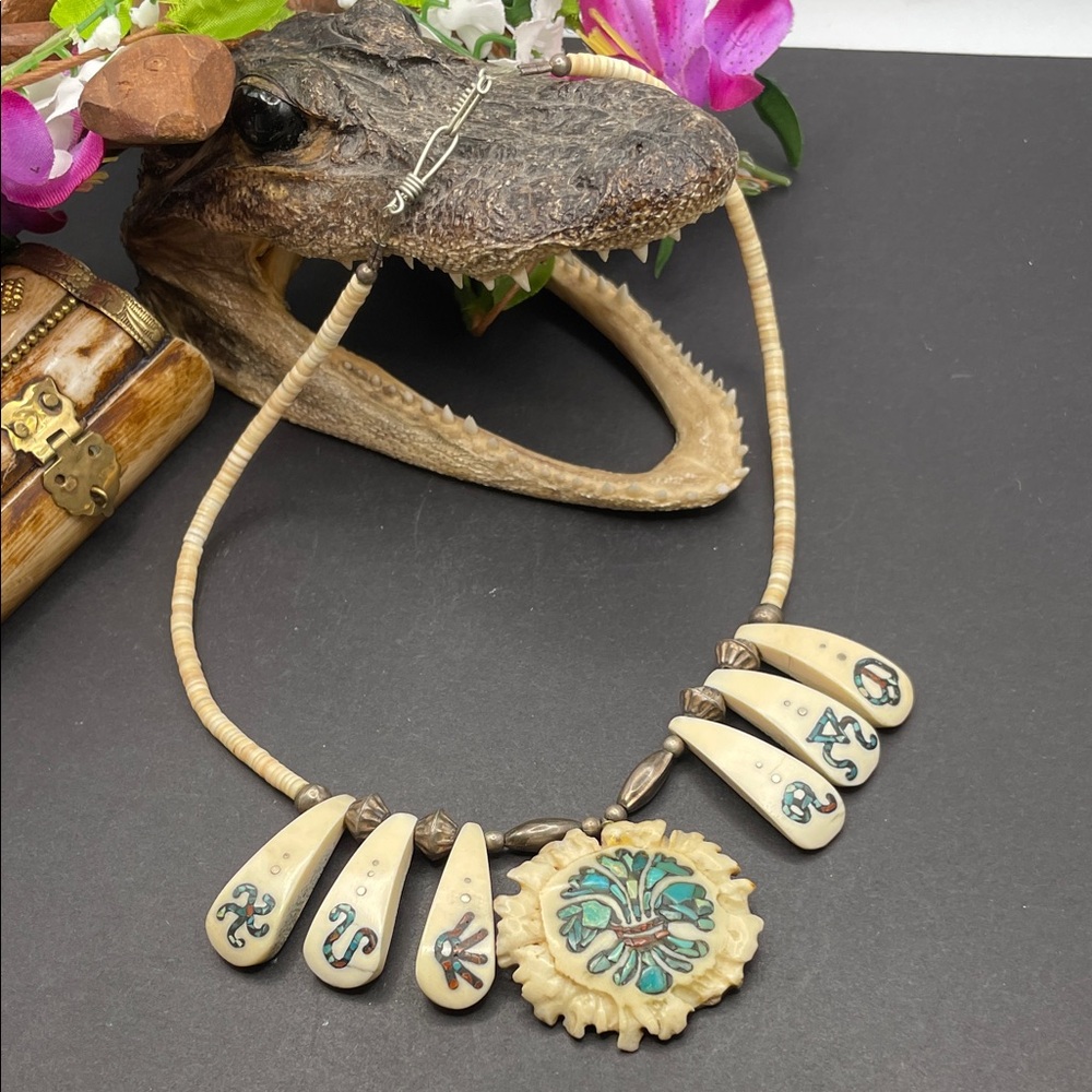 Southwestern antler with inlay necklace vintage C4